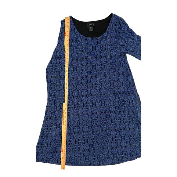 Nicole Miller New York Black Blue Print 3/4 Sleeve Shift Swing Dress Size Small - Picture 6 of 9